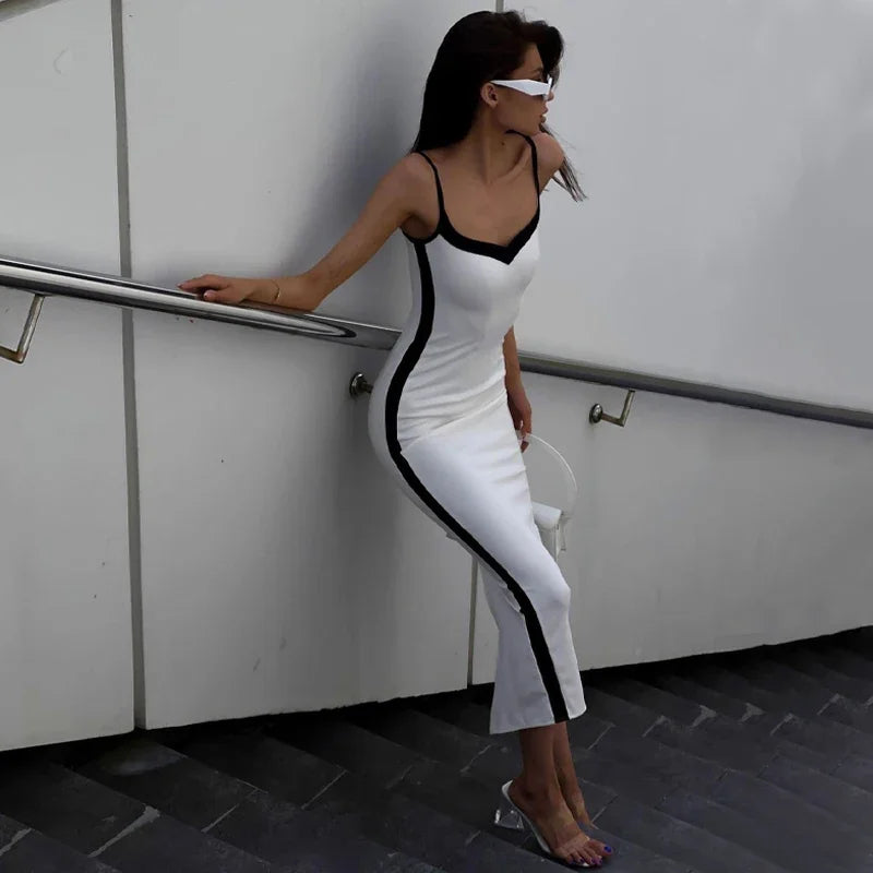 Maxi Dress White V Square Neck Sleeveless