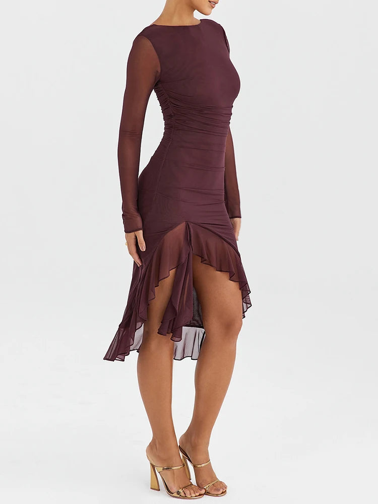 Mozision Sheer Long Sleeve Backless Elegant Ruffle Ruched Midi Dress