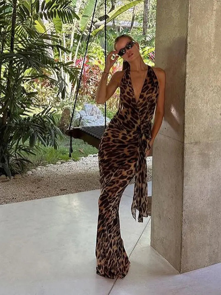 Elegant Leopard Halter Midi Dress Soft Off Shoulder