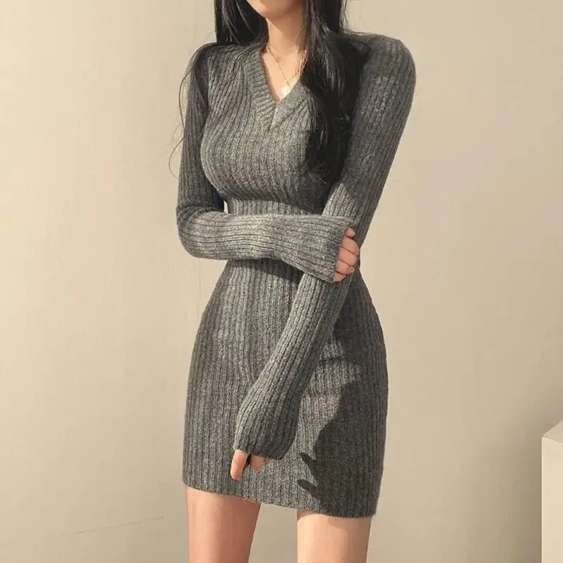 Knit Slim Dress V-Neck Long Sleeve