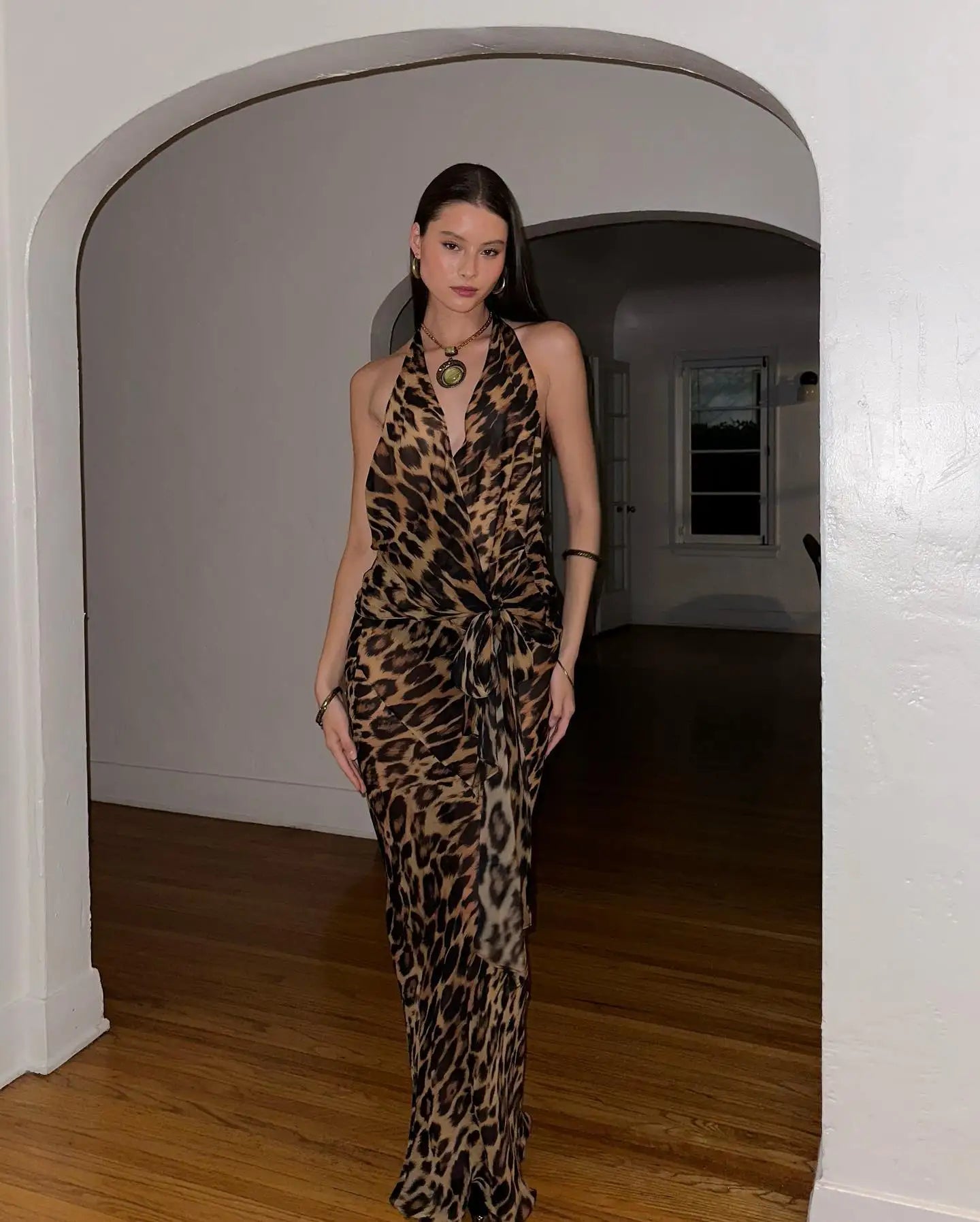 Elegant Leopard Halter Midi Dress Soft Off Shoulder
