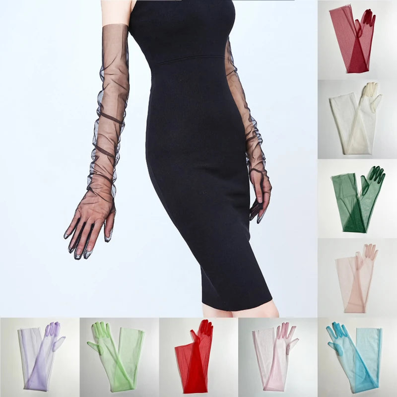 Ultra Tulle Gloves Mesh Sheers Full Finger Elbow Long Gloves