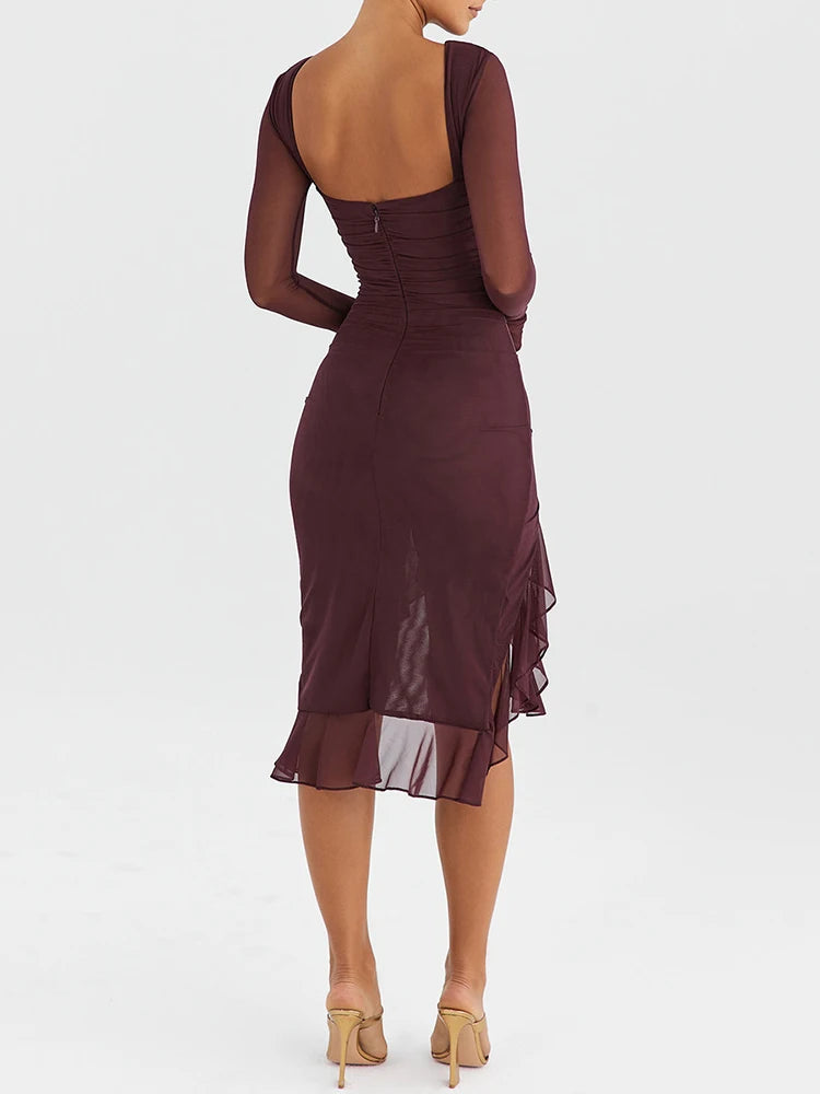Mozision Sheer Long Sleeve Backless Elegant Ruffle Ruched Midi Dress