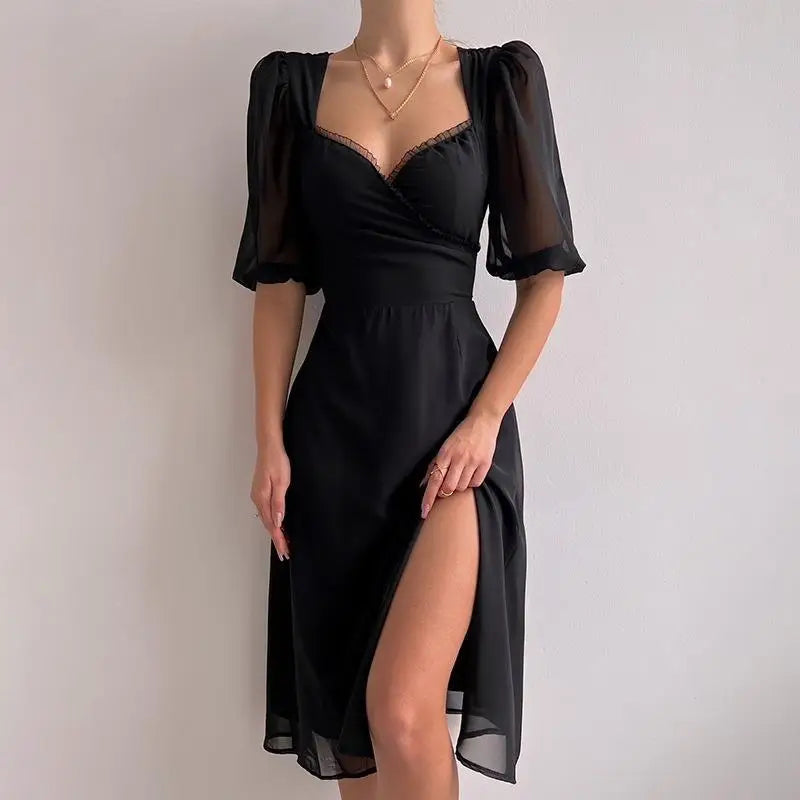 Low Cut Mid Length Slit Dress