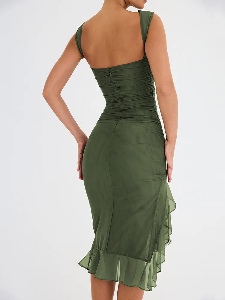 Mozision Backless Sleeveless Elegant Ruffle Ruched Midi Dress