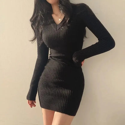 Knit Slim Dress V-Neck Long Sleeve