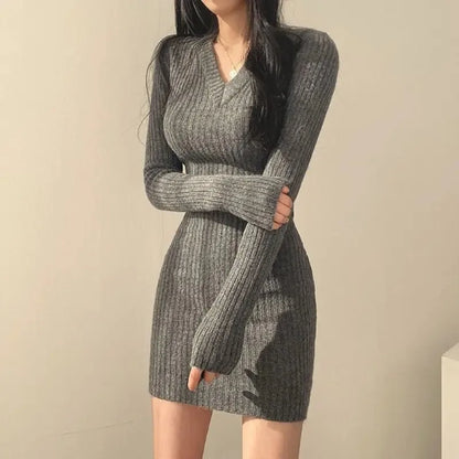 Knit Slim Dress V-Neck Long Sleeve