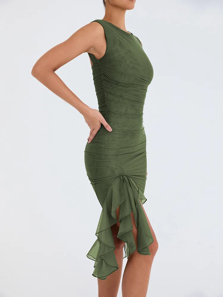 Mozision Backless Sleeveless Elegant Ruffle Ruched Midi Dress