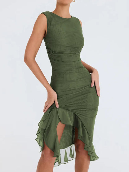 Mozision Backless Sleeveless Elegant Ruffle Ruched Midi Dress